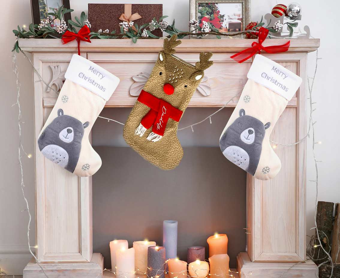 Christmas white sock with bear, 27x42 cm
